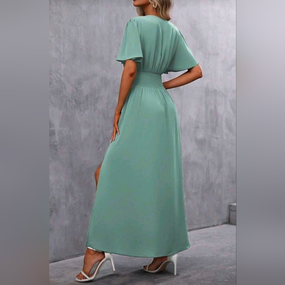 * NEW Chic Ruched Waist Flutter Sleeve Maxi Dress Light Green - Picture 5 of 9